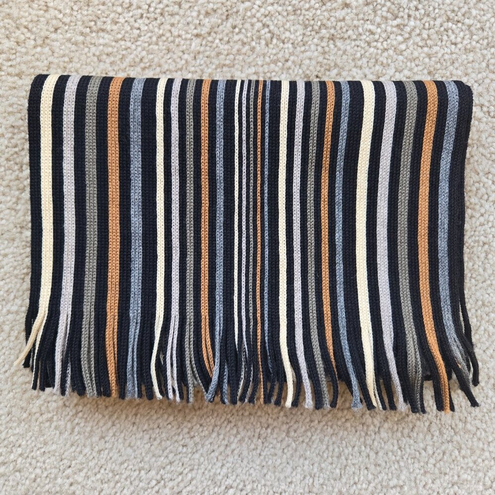 Knit Wool Stripe Scarf Black White Tan Grey Blue
